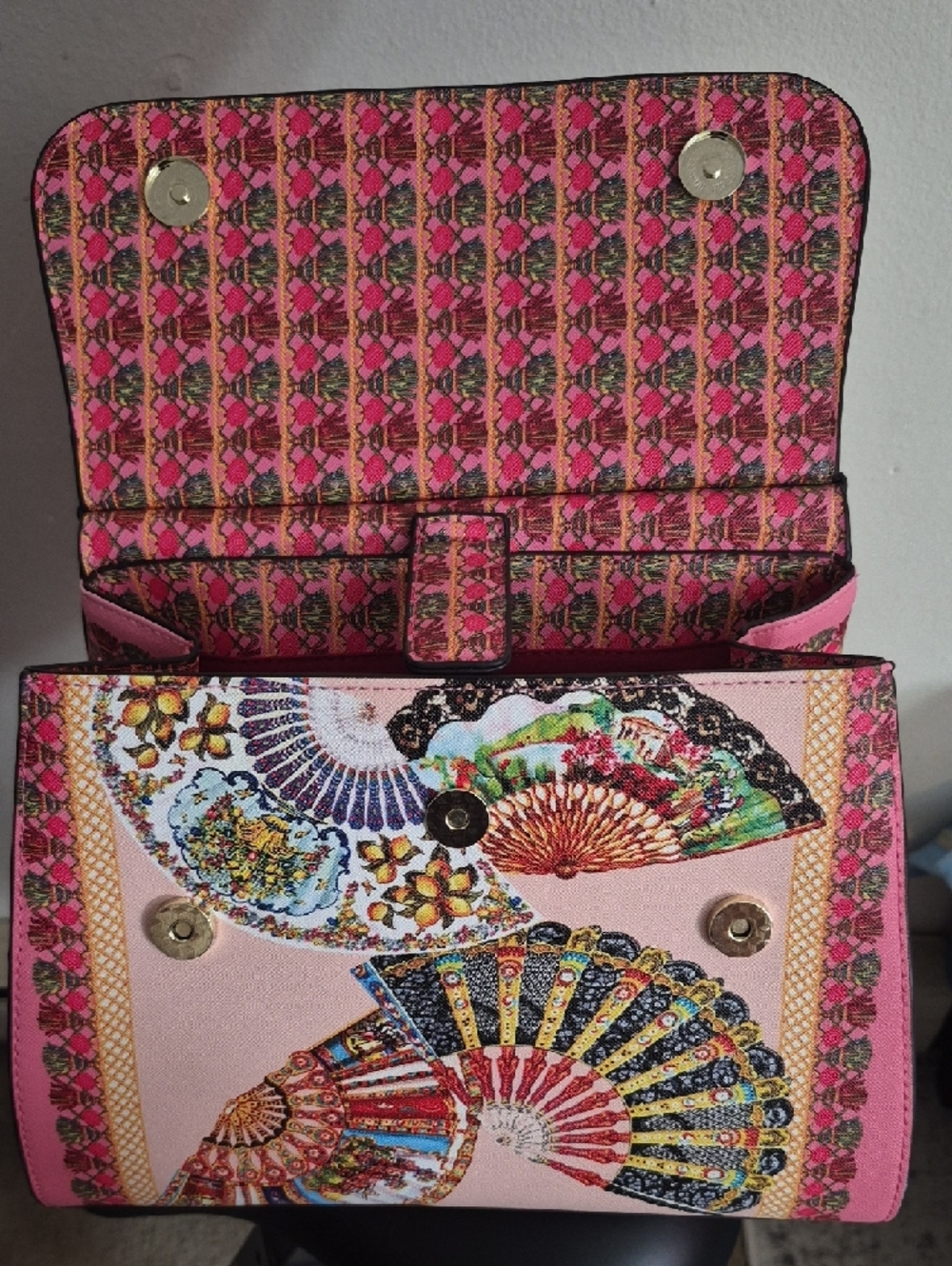 Pink Fan-Embellished Top-Handle Satchel - Picture 5 of 9
